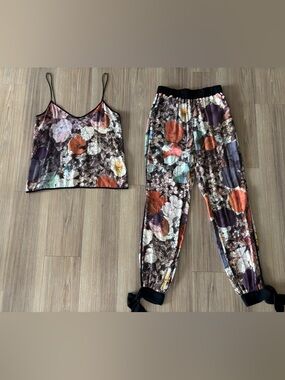 RAQUEL ALLEGRA Set 2 Piece Top Pants Silk Floral Colorful Small Boho Resort USA
